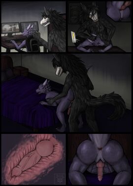 absurd_res anal anal_sex anthro anus ass bed bed_covers bed_sheet bedding bedframe bedroom bedroom_sex bent_over black_body black_fur black_hair bone canid canine chair claws desk digital_media_(artwork) discord_(app) duo electronics erection exclamation_point eyebrowless from_behind_position fur furniture gaming gaming_chair genitals hair headboard hi_res horn jk_(kobold) keyboard knot knotting kobold mal0 male male/male male_penetrated male_penetrating male_penetrating_male malo mammal monitor monster no_eyebrows nude on_bed open_mouth penetration penile penile_penetration penis pillow purple purple_body purple_scales questionable_consent rear_view reptile scales scalie scp-1471 scp-1471-a scp_foundation sex signature skull skull_head smile suzail table tail teeth