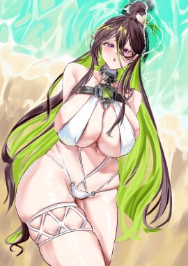 arms_behind_back barely_clothed barely_contained beach bikini black_hair blush breasts brown_hair exposed_shoulders female flower flower_in_hair goddess_of_victory:_nikke green_hair guilty_(nikke) guilty_(wave_of_disbelief)_(nikke) huge_breasts large_breasts laying_down laying_on_ground legs long_hair massive_breasts neck_restraint ocean on_back open_mouth ponytail purple_eyes pussy restraints sand shaved_crotch shaved_pussy sideboob summer swimsuit thick_thighs thighs underboob water