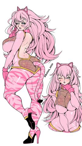 1girls alternate_costume alternate_hairstyle amber_maiz anal_plug artist_request blue_eyes blush buttplug buttplug_tail cat_ears cat_tail collar commission female fishnets high_heels latex latex_suit light-skinned_female light_skin looking_at_viewer looking_back oc original original_character pale-skinned_female pale_skin pink_hair shiny shiny_clothes skin_tight solo_female solo_focus suggestive_look tail