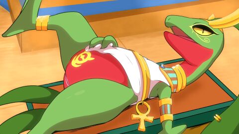 animal_genitalia beautyfromabove cloaca clothed clothing egyptian female feral generation_3_pokemon genitals green_body grovyle hi_res jewelry leaf looking_at_viewer nintendo partially_clothed pokemon pokemon_(species) presenting scalie solo yellow_eyes