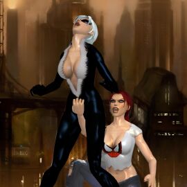 2girls 3d alstair2 black_cat_(marvel) cooch crotch cuntbusting felicia_hardy female female_only human human_only lowblow marvel marvel_comics mary_jane_watson spider-man_(series) spider-man_crop_top themed_clothes yuri