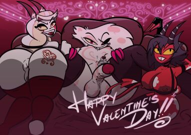 2023 2_horns absurd_res angel_dust_(hazbin_hotel) anthro anus arachnid areola arthropod ass balls bed bedroom_eyes big_anus big_areola big_ass big_balls big_breasts big_butt big_penis black_bra black_clothing black_eyes black_hair black_underwear blonde_hair bra breasts bubble_ass bubble_butt charlie_morningstar_(hazbin_hotel) cherry clothing curvy_figure dairy_products demon demon_humanoid detailed_background digital_drawing_(artwork) digital_media_(artwork) english_text female femboy fingers fluffy_chest food fruit fur furniture genital_piercing genitals group hair hand_behind_head hazbin_hotel helluva_boss hi_res holidays horn horned_humanoid horny_saint huge_areola huge_ass huge_breasts huge_butt huge_hips huge_thighs humanoid imp inviting_to_sex legwear long_tail looking_at_viewer looking_back looking_back_at_viewer male markings millie_(helluva_boss) multicolored_body multicolored_fur multicolored_skin narrowed_eyes nipple_slip nipples nude on_bed open_mouth open_smile penis penis_piercing piercing pink_body pink_eyes pink_fur plant pointed_tail pussy red_body red_eyes red_skin seductive sitting smile spider spider_demon spots spotted_body spotted_skin spread_legs spreading tail teeth text thick_thighs thigh_highs tooth_gap trio trio_focus two-tone_body two-tone_fur two-tone_skin underwear valentine's_day voluptuous whipped_cream white_body white_fur white_skin white_spots wide_hips yellow_sclera