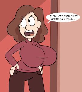 1girls angry annoyed big_breasts breasts brown_hair busty busty_female chat_box color female hilda_(series) johanna_(hilda) light-skinned_female light_skin milf scobionicle99 sweater upset