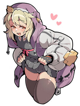<3 alternate_color androgynous blonde_hair blush blushing bridget bridget_(guilty_gear) female feminine fingerless_gloves guilty_gear guilty_gear_strive heart hoodie huge_thighs itsuka_neru no_background red_eyes simple_background skirt skirt_lift smile solo solo_focus stockings teasing thighs trans_woman transgender white_background zipper