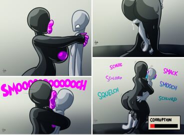 assimilation big_breasts big_lips big_lips_no_eyes black_body breasts comic_page corruption cursed_fleshlight cursed_fleshlight_(gorila_invisible) drone female goo_creature goo_transformation gorila_invisible_(artist) hugging inverted_nipples jamearts kissing living_sex_toy precum smooch transformation