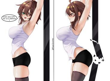 1girls ass bare_shoulders big_ass breasts brown_eyes brown_hair female female_focus former_idol_corp_member green_eyes heterochromia idol_corp idol_es large_breasts latam_virtual_youtuber meica minishorts short_hair simple_background spanish_text virtual_youtuber vtuber white_shirt