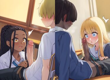 1boy 2boys 2girls ai_generated belt black_hair black_pants blonde_hair blue_eyes blue_jacket blue_shirt blush braid brown_eyes chair classroom closed_mouth clothes_pull clothing collared_shirt dark-skinned_female dark-skinned_male dark_skin desk dreadlocks erection female hair_over_eyes heavy_breathing imminent_fellatio indoors interracial jacket long_hair looking_at_penis male multiple_girls neckerchief necktie nose_blush on_chair open_mouth pants pants_pull penis penis_awe penis_out ponytail precum sailor_collar school_chair school_desk school_uniform serafuku shaddai shirt short_hair short_sleeves sitting straight surprised sweat trembling twitching_penis uniform very_dark_skin white_shirt wide-eyed window yellow_eyes