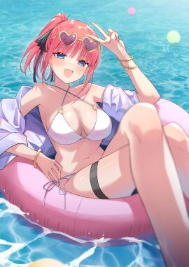 1girls bare_shoulders big_breasts bikini bikini_bottom bikini_top blue_eyes blush bra bracelet bracelets breasts chest cleavage collarbone earrings excited female female_only go-toubun_no_hanayome hair_ribbon half-closed_eyes happy heart-shaped_eyewear highres hoop_earrings innertube jewelry legs legs_crossed light-skinned_female light_skin looking_at_viewer nakano_nino navel o-ring off_shoulder open_mouth open_smile panties peace_sign pink_hair profnote red_hair shirt short_hair smile solo sunglasses_on_head swimsuit thigh_strap thin_arms v v_sign waist water white_bikini white_bikini_bottom white_bikini_top white_bra white_panties white_swimsuit