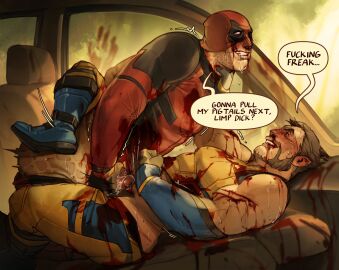 2boys ass bara beard bleeding blood_in_mouth blood_splatter blood_stain bluegiragi blush boner boots car_interior claws cum cum_on_body cum_on_hands cum_on_penis cuts deadpool deadpool_&_wolverine deadpool_&_wolverine_(2024) deadpool_(series) drooling english_commentary english_text erection facial_hair frottage gay gloves hand_on_another's_neck handjob handjob_over_clothes highres honda honda_odyssey impaled injury insult leg_lock male male_focus male_only marvel marvel_comics mask mask_lift mature_male multiple_boys multiple_males muscular muscular_male mutual_handjob mutual_masturbation pectorals penis scar scars_all_over short_hair speech_bubble stab strangling superhero_costume teeth trembling violence wolverine_(x-men) x-men yaoi