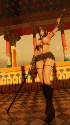 3d 3d_(artwork) abs akidia breasts egyptian egyptian_clothes female flashing flashing_breasts flashing_pussy green_clothing half-dressed high_waisted_thong light-skinned_female light_skin looking_at_viewer original original_character primrose pubic_hair pussy red_hair ryanreos smiling smiling_at_viewer tagme teasing turquoise_eyes