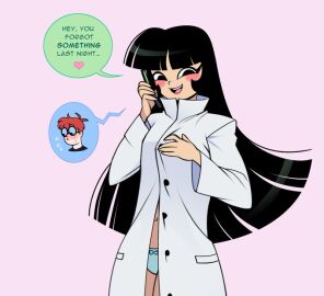 asian asian_female black_hair blush blushing cartoon_network dexter dexter's_laboratory english_text female labcoat lee_lee long_hair lui-ra naked_under_clothes nude_underneath phone tagme talking_on_phone underwear