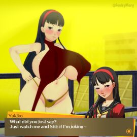 1girls 3d alternate_breast_size amagi_yukiko asian asian_female atlus big_breasts black_eyes black_hair blush blush_lines blushing_at_viewer breasts city city_background cityscape dialog dialogue female female_focus female_only fog foggy_background funkymery game_ui gameplay_mechanics hair_ornament hairband hairy_pussy hand_on_hip huge_breasts koikatsu light-skinned_female light_skin long_hair looking_at_viewer navel persona persona_4 pussy red_hairband seductive seductive_look seductive_smile sega smile smiling_at_viewer solo solo_female solo_focus sweat sweatdrop sweating teasing text text_box yellow_background yellow_panties