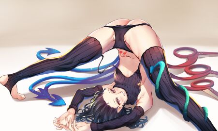 alternate_costume armpits arms_behind_head arms_up ass ass_crack asymmetrical_wings bare_shoulders black_panties black_sweater blonde_hair blue_wings blush breasts butt_crack cameltoe detached_sleeves feet female full_body grin highres houjuu_nue legs long_hair looking_at_viewer looking_up medium_hair naughty_face navel no_pants nue_houjuu on_shoulder panties panty_pull presenting puck100ml pussy red_eyes red_wings ribbed_sweater small_breasts smile snake solo spread_legs stirrup_legwear stomach_tattoo sweater tattoo thighhighs thighs tiptoes touhou underwear upside-down wings