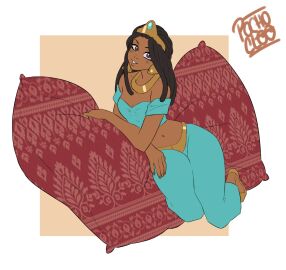 1girls aladdin aladdin_(1992_disney_film) arabian_clothes ayana_(mermaid_kunoichi) black_hair cosplay dark-skinned_female dark_skin disney dreadlocks female original_character pillow pochoclogigi princess_jasmine_(cosplay) smile smiling smiling_at_viewer younger_female