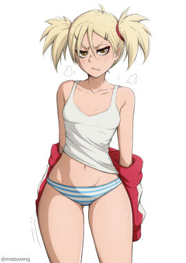 bedroom_eyes bleach blonde_hair blush brown_eyes female female_only freckles freckles_on_face hiyori_sarugaki horny horny_female looking_at_viewer mistowing oerba_yun_fang panties pigtails sarugaki_hiyori striped_panties sweat sweatdrop sweating tomboy track_jacket wide_hips