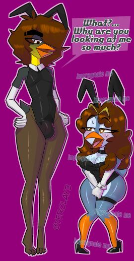 absurd_res anthro armwear avian bird brown_eyes brown_hair bunny_costume choker clothed clothing costume dialogue digital_drawing_(artwork) digital_media_(artwork) duo elbow_gloves english_text fake_ears fake_rabbit_ears female footwear gloves hair handwear heart_eyes heart_symbol hi_res high_heels imminent_sex jewelry legwear male male/female necklace penguin shoes simple_background size_difference stockings text white_clothing white_gloves white_handwear yerolay yerolay_(character)