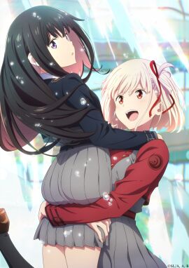 2girls ass ass_press black_hair blonde_hair blue_dress blue_eyes breasts butt_crack carrying carrying_person chisato_carrying_takina_(lycoris_recoil) dress female fountain grey_dress hair_ribbon highres huge_ass implied_yuri inoue_takina large_breasts lifting_person long_hair long_sleeves looking_at_another looking_at_viewer lycoris_recoil lycoris_uniform multiple_females multiple_girls nishikigi_chisato official_art open_mouth pleated_dress red_dress red_eyes red_ribbon ribbon school_uniform short_hair smile teeth thighs two-tone_dress yuri