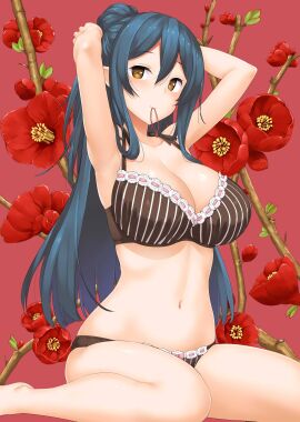 10s adjusting_hair arifureta_shokugyou_de_sekai_saikyou armpits arms_behind_head arms_up bare_arms bare_legs bare_shoulders barefoot black_bra black_panties blue_hair bra breasts brown_eyes cleavage collarbone female floral_background flower hair_between_eyes hair_tie hair_tie_in_mouth highres large_breasts lingerie long_hair looking_at_viewer mouth_hold navel panties pointy_ears ponytail red_background red_flower sidelocks sitting solo stomach striped_bra striped_clothes takayaki thighs tio_klarus underwear underwear_only wariza