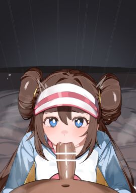 1boy absurdres bar_censor blue_eyes breasts brown_hair censored collarbone commentary_request dark-skinned_male dark_skin double_bun doughnut_hair_bun emphasis_lines fellatio female hair_between_eyes hair_bun highres long_hair looking_at_viewer male medium_breasts nakare2845 navel oral penis pokemon pokemon_bw2 pov pov_crotch raglan_sleeves rosa_(pokemon) sidelocks straight tearing_up twintails visor_cap