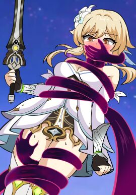 bondage genshin_impact lumine_(genshin_impact) puffo rerir_(genshin_impact) restrained