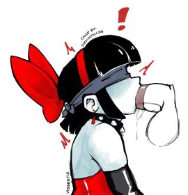 ! 2024 2boys 2d 2d_(artwork) armwear balls bare_shoulders black_hair blindfold blowjob cock condom dick disembodied_penis earrings fellatio femboy gay headband hi_res highres huge_cock male oral oral_sex original original_character penis red_bow scythe_(dizzyspells) sexual_barrier_device simple_background spiked_collar trap vissentia yaoi