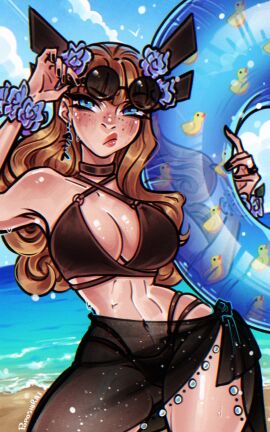 beach bikini black_bikini blonde_hair breasts busty cleavage eyewear_on_head female innertube light-skinned_female light_skin magik_(illyana_rasputin) magik_(marvel_rivals) marvel marvel_comics marvel_rivals mutant poposhirat sarong sunglasses swimsuit