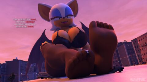 1boy 3d 3d_model anthro anthro_female anthro_only big_breasts bra breasts city feet female foot_focus furry furry_female giant_female giant_woman giantess kabalmystic magnetvox male mobian mobian_(species) mobian_bat nylons rouge_the_bat rouge_the_bat_(kabalmystic) sega sonic_(series) sonic_adventure_2 sonic_the_hedgehog_(series) stockings text