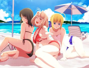 3girls :d ahoge arcueid_brunestud arm_support artoria_pendragon artoria_pendragon_(fate) ass bad_feet bare_legs barefoot beach beach_umbrella beckoning bikini blonde_hair bloom breasts cloud commentary_request company_connection crossover day fate/stay_night fate_(series) female frilled_bikini frills front-tie_top hair_ribbon kara_no_kyoukai large_breasts looking_back multiple_females multiple_girls navel one-piece_swimsuit open_mouth outdoors outstretched_hand parasol ribbon ryougi_shiki saber_(fate) shiny_skin side-tie_bikini_bottom sideboob sitting sky smile soles swimsuit tsukihime tsukumo_(soar99) type-moon umbrella underboob wet yokozuwari