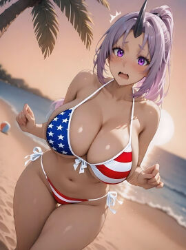 1girls 4th_of_july ai_generated american_flag_bikini beach beachside bikini black_hair_tie blush embarrassed embarrassed_expression embarrassed_female female fourth_of_july hair_tie hi_res hires horn looking_at_viewer oni oni_female oni_horns open_mouth outdoors pony_tail purple_eyes purple_hair shion_(tensei_shitara_slime_datta_ken) solo solo_female stars stripes sun sunset tensei_shitara_slime_datta_ken underboob united_states_of_america upscaled