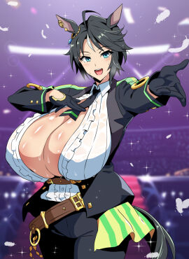 1girls black_gloves black_hair blue_eyes blush breasts center_opening cleavage female female_only fuji_kiseki_(umamusume) gloves horse_ears horse_girl horse_tail huge_breasts light-skinned_female light_skin no_bra open_clothes short_hair smile sole_female solo streaked_hair suit sweat sweating sweaty_breasts tony_man umamusume umamusume_pretty_derby