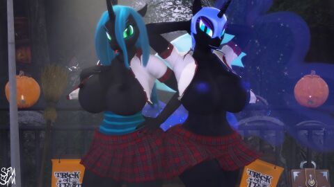 16:9 3d_(artwork) anthro anthrofied arthropod bag big_breasts blue_eyes bottomwear breasts broom changeling cleaning_tool clothing digital_media_(artwork) duo equid equine exposed_breasts female female/female forked_tongue friendship_is_magic green_eyes hand_behind_head hand_on_breast hand_on_hip hasbro hi_res horn horse huge_breasts jack-o'-lantern looking_at_viewer mammal my_little_pony mythological_creature mythological_equine mythology nightmare_moon_(mlp) nipples pony pupils queen_chrysalis_(mlp) shirt skirt slit_pupils source_filmmaker_(artwork) symm tongue tongue_out topwear unicorn widescreen