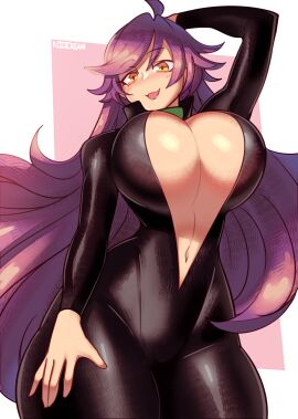 1girls biker_clothes bikesuit black_suit bodysuit breasts cleavage female formal highres hijiri_byakuren huge_breasts long_hair mature_female milf navel nicecream open_bodysuit open_clothes purple_hair signature suit thighs touhou turbo_byakuren yellow_eyes
