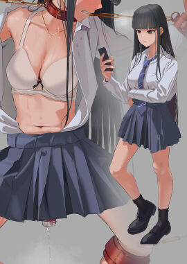 1girls absurdres black_hair black_shoes black_socks blue_necktie blue_skirt bra breasts cleavage clothed clothed_female commentary_request dress_shirt female female_only highres legs_spread loafers long_hair medium_breasts navel necktie open_clothes open_shirt original pleated_skirt po-i-mu pussy pussy_juice pussy_juice_drip school_uniform sex_toy shirt shirt_tucked_in shoes skirt skirt_rolled_up socks spread_eagle spread_legs stomach underwear vibrator vibrator_under_clothes white_bra white_shirt wrist_cuffs