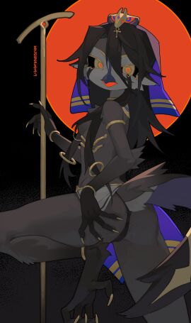 2024 4_toes 5_fingers absurd_res anthro ass avian beak bird black_hair black_sclera bodily_fluids breasts clothing digital_media_(artwork) feet female fingers genital_fluids grey_body hair hand_on_ass hand_on_butt hand_on_own_butt headgear headwear hi_res holding_object kaltespur looking_at_viewer looking_back looking_back_at_viewer open_beak open_mouth panties pussy rear_view side_boob simple_background small_breasts solo tail toes underwear vaginal_fluids yellow_eyes