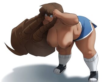areolae ass bent_over big_hair black_footwear blue_shorts blush breasts brown_hair clothing coolerinker curvy dark-skinned_female dark_areolae dark_nipples dark_skin dolphin_shorts drill_hair exercise female female_only footwear gym_shorts hanging_breasts huge_breasts inker_comics inkershike kneehighs large_areolae large_breasts leaning_forward legwear long_hair looking_to_the_side maria_(inkershike) nipples original plump ringlets shirt shoes short_shorts shorts sneakers socks solo standing sweat thick_eyebrows thick_thighs thighs topless very_long_hair white_legwear white_socks