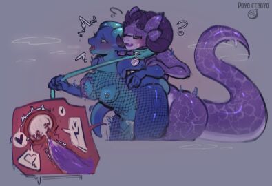 ahe_gao anthro anthro_on_anthro anthro_penetrated anthro_penetrating anthro_penetrating_anthro blue_body blue_scales blush bodily_fluids bodysuit breasts cervical_contact clothing collar cum cum_in_pussy cum_in_uterus cum_inside dominant dominant_female eyewear female female_penetrated femboy fishnet_bodysuit fishnet_clothing fishnet_skinsuit genital_fluids genitals glasses heart_symbol hi_res horn internal kobold leash leash_pull lexia_(konczei2) looking_pleasured male male/female nipple_piercing nipples nude open_mouth penetration penile penile_penetration penis piercing poyoceboyo purple_body purple_lust_(2dt) purple_scales pussy reptile scales scalie sex simple_background skinsuit submissive submissive_male tail text thick_thighs tight_clothing uterus vaginal_penetration