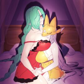 2girls big_breasts braid braided_hair breasts camisole digimon digimon_(species) digimon_xros_wars erect_nipples erect_nipples_under_clothes female gerusyu green_hair huge_breasts hugging long_hair mask mervamon purple_hair sakuyamon very_long_hair yellow_eyes
