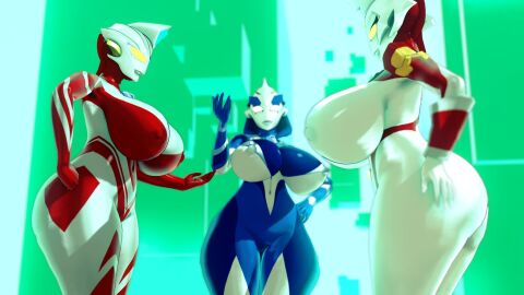 3girls alien alien_girl alien_humanoid breasts erect_nipples female female_only galactic_art large_breasts multiple_females multiple_girls nipples original original_character thick_thighs thighs ultraman_(franchise) ultrawoman