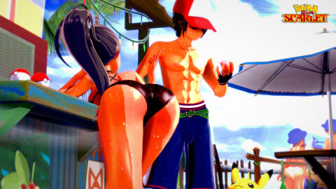 1boy 2girls abs ass ass_focus beach beach_umbrella big_ass bikini black_bikini black_swimsuit blastoise dark-skinned_female dark_skin female from_behind human koikatsu male multiple_females multiple_girls nemona_(pokemon) obscured_eyes palm_tree pikachu pokeball pokemon pokemon_(species) pokemon_sv ponytail poster ryoukai solo_focus swimsuit toned toned_male wallpaper wet wet_body wet_clothes wet_swimsuit