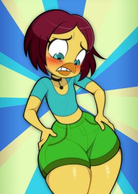 anthro anthro_only avian avian_humanoid blush chicken female female_only furry green_shorts hip_grab hips hips_wider_than_shoulders regue_chicken rishi-chan shorts solo solo_female tagme teeth teeth_showing thick thick_thighs thighs thighs_bigger_than_body thighs_bigger_than_head violeta_herrera yellow_body