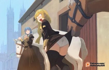 2girls animal assisted_exposure blonde_hair blue_hair braid clothes_lift crown_braid female fire_emblem fire_emblem:_three_houses garreg_mach_monastery_uniform green_little horse horse_tail ingrid_brandl_galatea long_hair long_sleeves marianne_von_edmund multiple_females multiple_girls noblewoman open_mouth panties skirt skirt_lift tail teenage_female teenager underwear watermark web_address white_panties