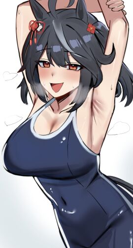 armpits arms_up blush breasts cygames female ion kitasan_black_(umamusume) large_breasts swimsuit swimwear umamusume umamusume_pretty_derby