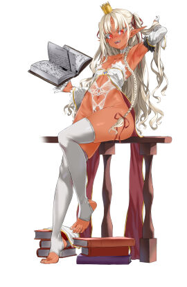 1girls asanagi book breasts crown dark-skinned_female dark_elf dark_skin elf_village female female_only lingerie mercedes_(elf_village) original revealing_clothes simple_background skimpy small_breasts solo tagme tied_hair two_side_up white_background white_hair white_legwear white_lingerie