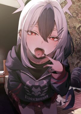 1girls bare_legs black_and_white_hair black_hair black_nails blue_archive female female_focus female_only gehenna_academy_student halo hoodie kayoko_(blue_archive) light-skinned_female light_skin long_hair looking_at_viewer miyabino_(miyabi1616) multicolored_hair pierced_tongue piercing piercings problem_solver_68_(blue_archive) red_eyes short_skirt showing showing_tongue skirt tagme tongue tongue_out white_hair