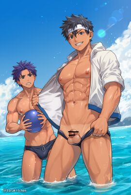 2boys abs balls beachball beefy biceps big_areola big_breasts big_bulge black_eyes black_hair blue_eyes blush_lines breasts bulge bulge_through_clothing censor_bar censored censored_penis circumcised cloud collar ebitendon flaccid gay grin hi_res holding_object hoodie looking_at_another looking_at_penis looking_at_viewer male male_only mature_male morning muscles muscular muscular_arms muscular_chest muscular_legs muscular_male muscular_thighs navel navy_blue_hair open_clothes open_mouth oppai original original_character pecs penis pulling_down_pants purple_hair seaside shallow_water shameless short_hair six_pack sky small_penis standing standing_in_water sunlight sweat sweatdrop swim_briefs swimsuit tan tan_body tanline topless torakitchen torakitchen_(ebitendon) yaoi young zipper