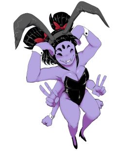 5_eyes 6_arms ass black_eyes black_hair breasts bunny_ears bunnysuit fangs fat_ass female hair_ribbon hands_on_head high-angle_view high_heels large_breasts light_blush looking_at_viewer looking_up muffet multi_arm multi_eye multi_limb pose purple_skin slim_waist smile tagme thick_thighs undertale undertale_(series) wide_hips wristband zackocafeina