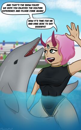 3_eyes 5:8 breasts cetacean clothing dolphin english_text exhibitionism female female_on_feral feral gradient hair hi_res horn mammal marine medium_breasts multi_eye pink_hair pool public public_sex risky_sex scorchedrose9 scorchedrose9_(artist) sex short_hair side_shave speech_bubble swimsuit_only swimwear tail terebi text toothed_whale zoophilia