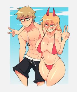 1boy 1girls abs arm_support bangs bare_shoulders big_breasts bikini blonde_hair blush breasts chainsaw_man cleavage cord curvy_female denji_(chainsaw_man) devil duo female grin gyronade horns huge_breasts human large_breasts long_hair looking_at_another looking_at_viewer male muscular muscular_male narrowed_eyes navel neutral_expression nipples outdoors partially_clothed peace_sign pecs power_(chainsaw_man) red_eyes sharp_teeth shiny_skin short_hair shorts smile string string_bikini swimming_trunks swimwear thick_thighs thighs v v_sign yellow_eyes