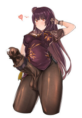 1futa a-ah arm_up big_penis blush breasts closed_mouth dress feet_out_of_frame futa_only futanari girls'_frontline heart large_penis long_hair looking_at_viewer medium_breasts pantyhose penis penis_under_clothes precum precum_through_clothing purple_hair red_eyes underboob viewed_from_below wa2000_(girls'_frontline)
