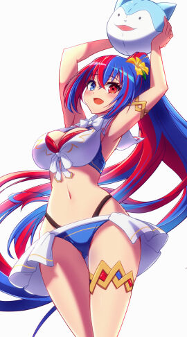 1girls :d alear_(female)_(seaside_dragon)_(fire_emblem) alear_(fire_emblem) alear_(fire_emblem)_(female) alternate_costume alternate_hairstyle armpits arms_up ass_visible_through_thighs bare_shoulders bikini blue_bikini blue_hair blue_swimsuit breasts cleavage cowboy_shot female female_only fire_emblem fire_emblem_engage fire_emblem_heroes hair_between_eyes highres holding large_breasts long_hair looking_at_viewer minamonochaba multicolored_hair navel nintendo official_alternate_costume official_alternate_hairstyle open_mouth ponytail red_hair smile solo sommie_(fire_emblem) split-color_hair standing stomach streaked_hair swimsuit thighs very_long_hair white_bikini white_swimsuit